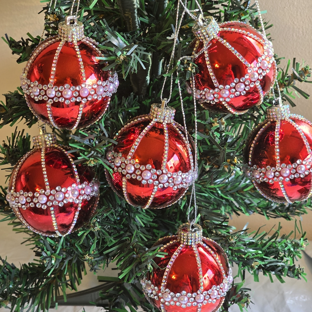 Sparkling Red and Silver Holiday Ornaments New 6 Pieces 2.6 Inch Handmade